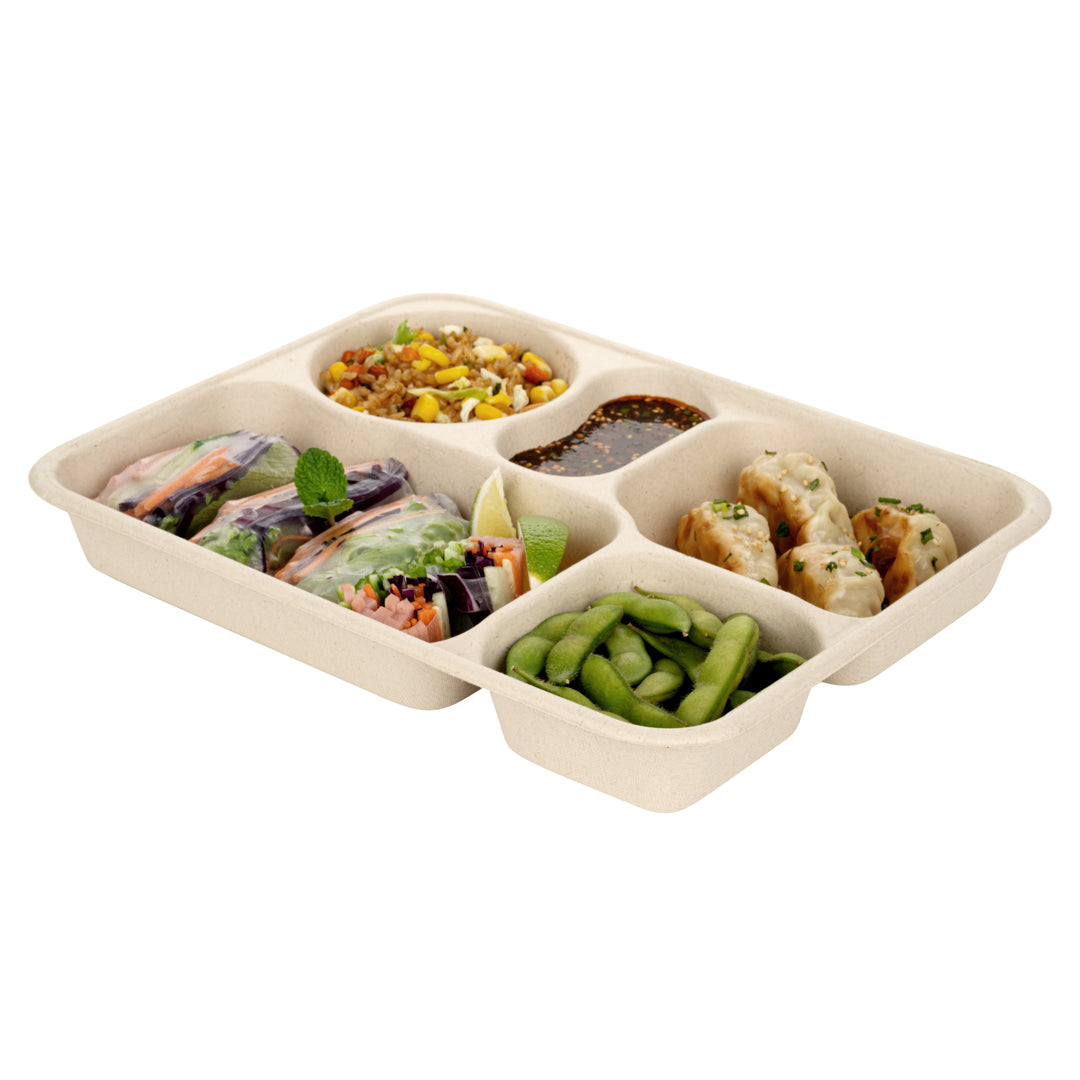 Pulp Tek 43 oz Rectangle Natural Bagasse To Go Tray - 5-Compartment - 11" x 8 1/2" x 1 1/2" - 100 count box