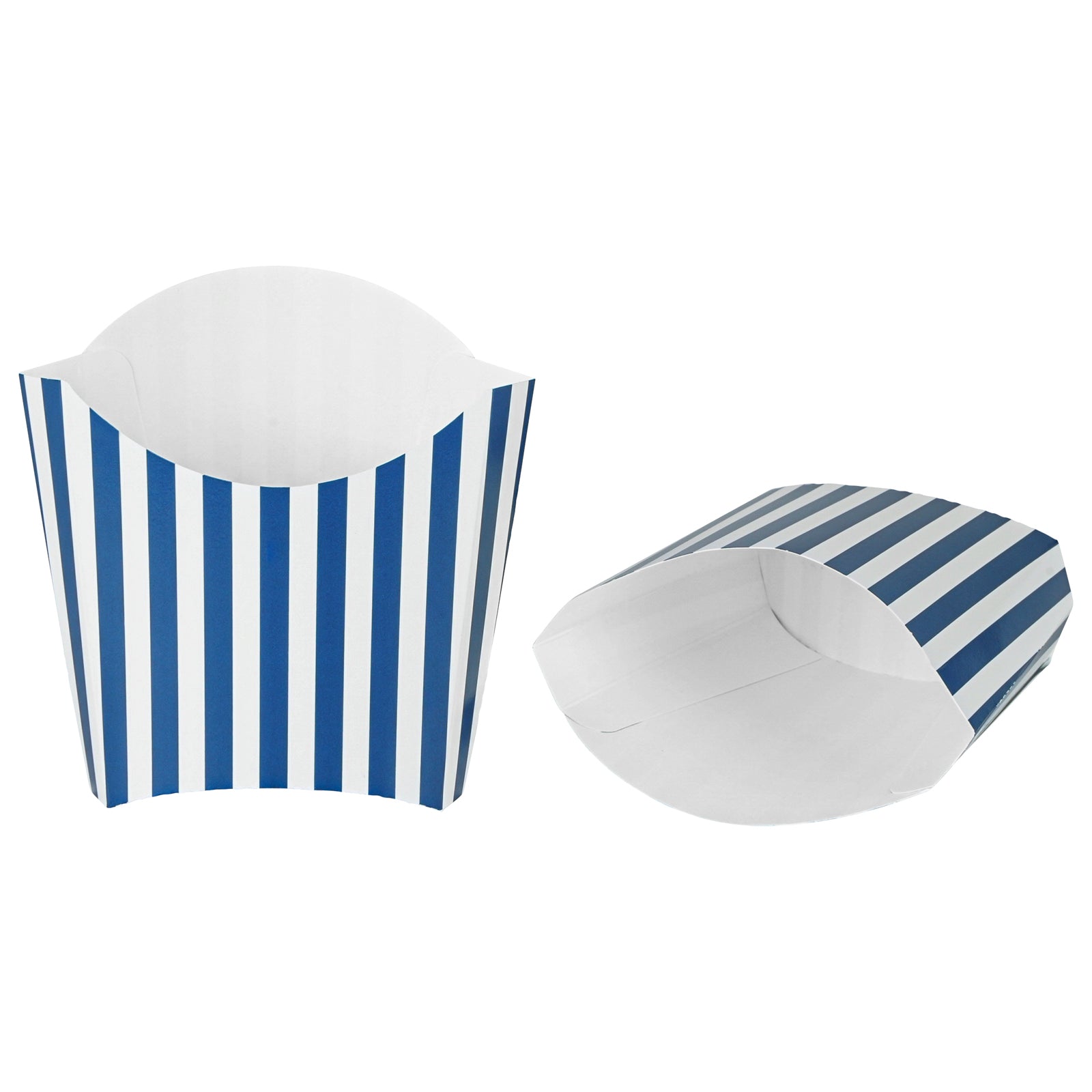 Bio Tek 3 oz Blue and White Stripe Paper Fry Cup / Snack Container - 4 1/2" x 3 1/4" x 3 3/4" - 100 count box