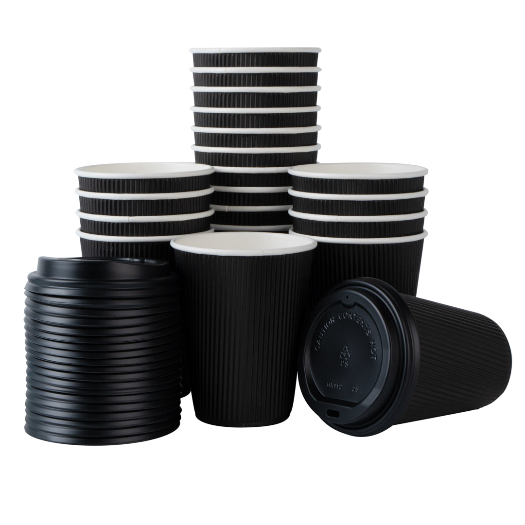 12 oz Black Paper Ripple Wall Coffee Cup - with Black Lid - 3 1/2" x 3 1/2" x 5" - 200 count box