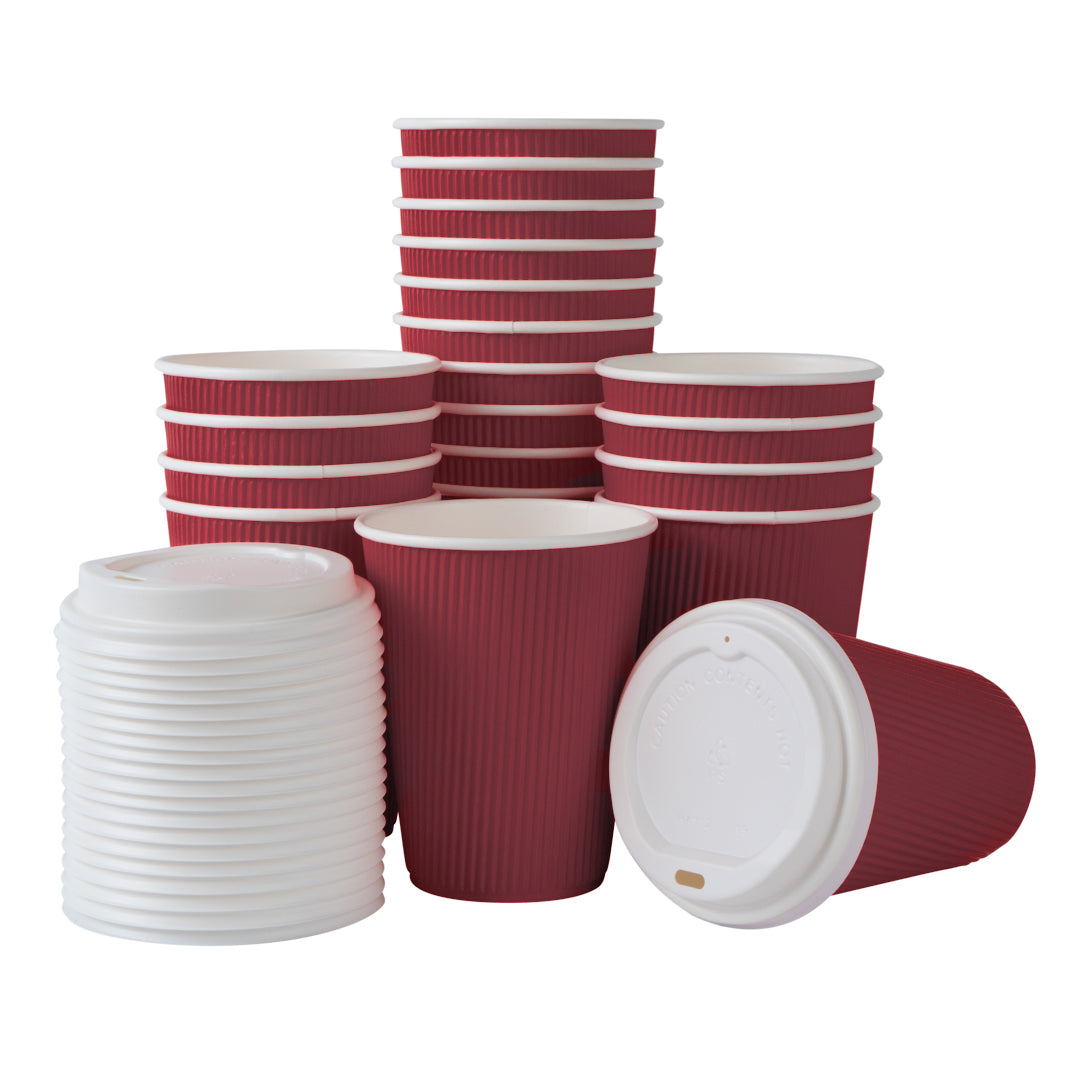 12 oz Crimson Paper Ripple Wall Coffee Cup - with White Lid - 3 1/2" x 3 1/2" x 5" - 200 count box