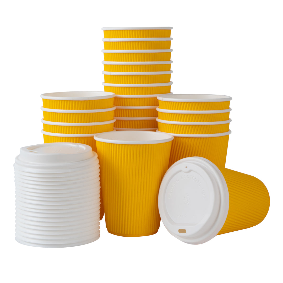 12 oz Yellow Paper Ripple Wall Coffee Cup - with White Lid - 3 1/2" x 3 1/2" x 5" - 200 count box