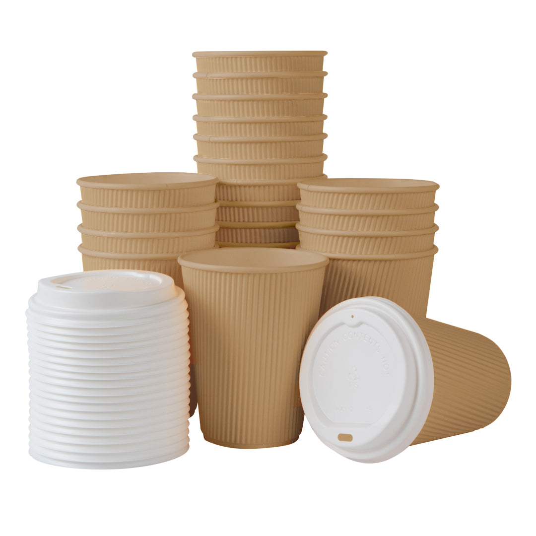 12 oz Kraft Paper Ripple Wall Coffee Cup - with White Lid - 3 1/2" x 3 1/2" x 5" - 200 count box