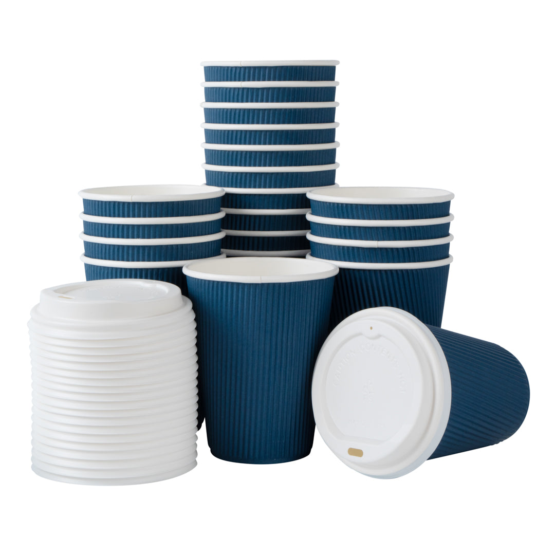 12 oz Midnight Blue Paper Ripple Wall Coffee Cup - with White Lid - 3 1/2" x 3 1/2" x 5" - 200 count box