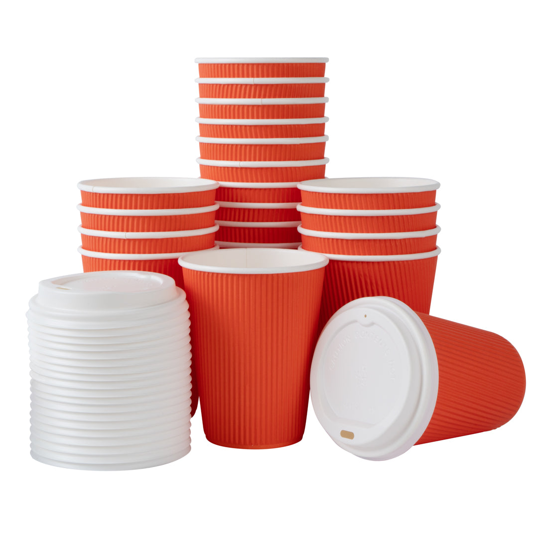 12 oz Tangerine Orange Paper Ripple Wall Coffee Cup - with White Lid - 3 1/2" x 3 1/2" x 5" - 200 count box