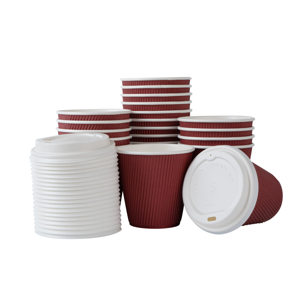 8 oz Crimson Paper Ripple Wall Coffee Cup - with White Lid - 3 1/2" x 3 1/2" x 4" - 400 count box