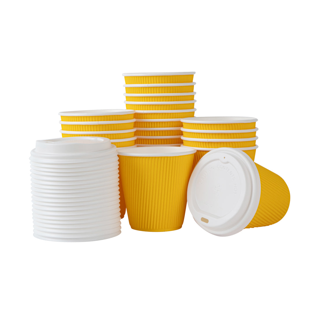 8 oz Yellow Paper Ripple Wall Coffee Cup - with White Lid - 3 1/2" x 3 1/2" x 4" - 400 count box