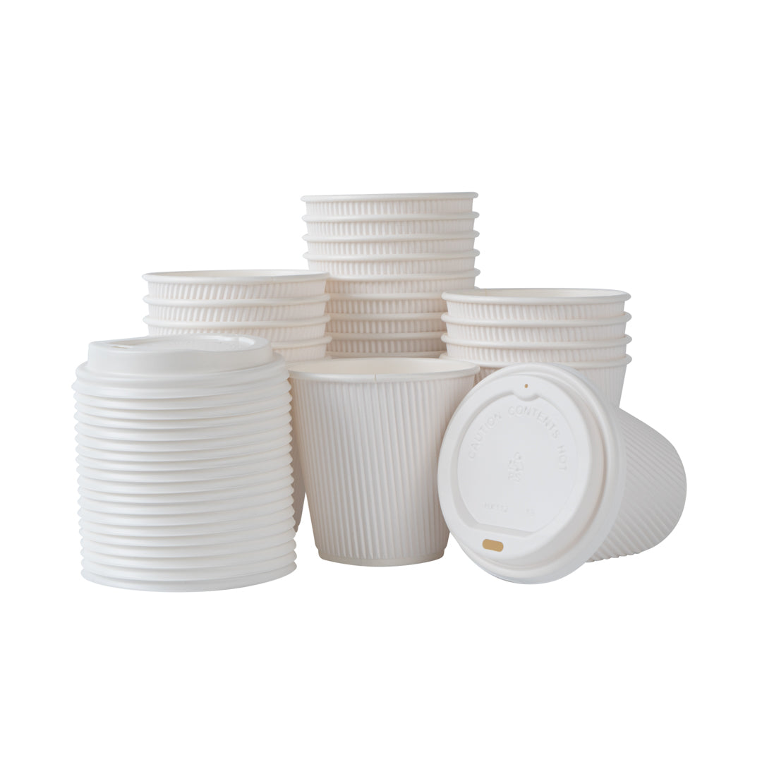 8 oz White Paper Ripple Wall Coffee Cup - with White Lid - 3 1/2" x 3 1/2" x 4" - 400 count box