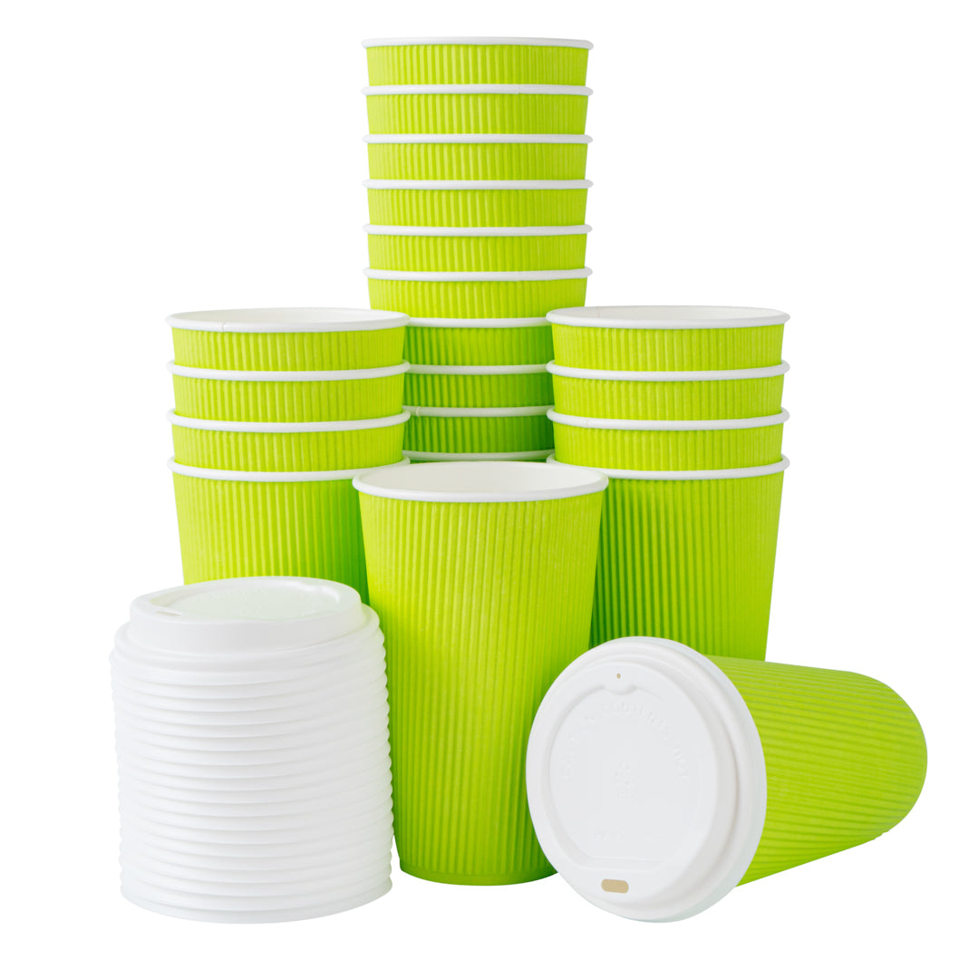 16 oz Eco Green Paper Ripple Wall Coffee Cup - with White Lid - 3 1/2" x 3 1/2" x 6 1/4" - 200 count box