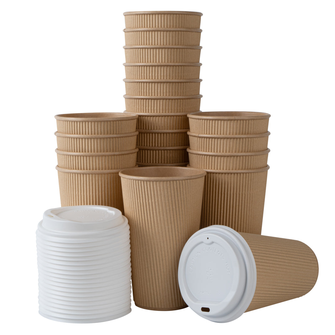 16 oz Kraft Paper Ripple Wall Coffee Cup - with White Lid - 3 1/2" x 3 1/2" x 6 1/4" - 200 count box