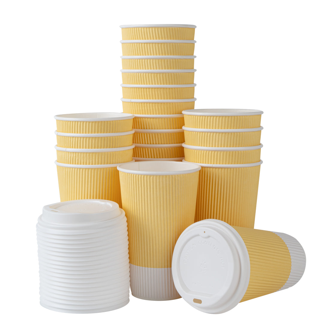 16 oz Light Yellow Paper Ripple Wall Coffee Cup - with White Lid - 3 1/2" x 3 1/2" x 6 1/4" - 200 count box