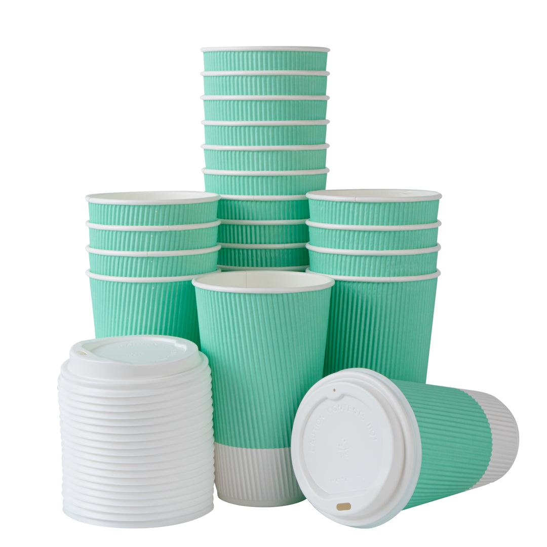 16 oz Light Green Paper Ripple Wall Coffee Cup - with White Lid - 3 1/2" x 3 1/2" x 6 1/4" - 200 count box