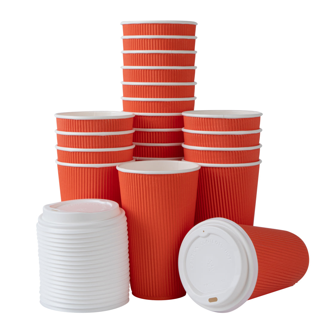 16 oz Tangerine Orange Paper Ripple Wall Coffee Cup - with White Lid - 3 1/2" x 3 1/2" x 6 1/4" - 200 count box