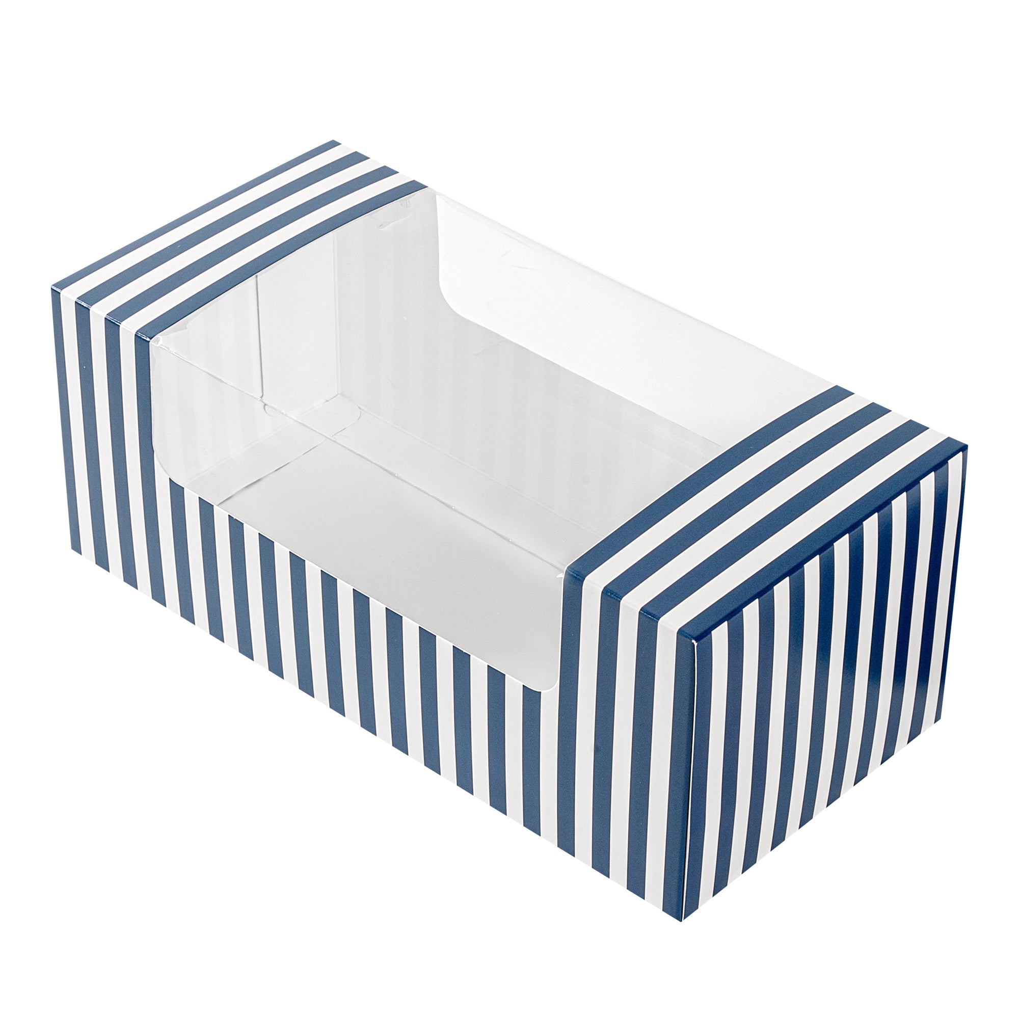 Pastry Tek Blue and White Stripe Paper Pastry / Cake Box - with Window - 9 3/4" x 4 3/4" x 4" - 100 count box