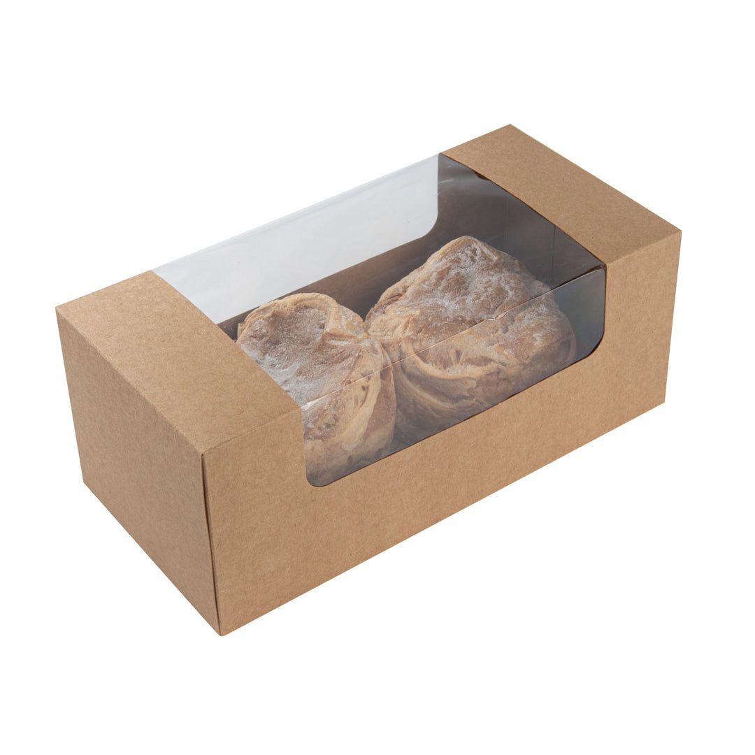 Pastry Tek Kraft Paper Pastry / Cake Box - with Window - 9 3/4" x 4 3/4" x 4" - 100 count box