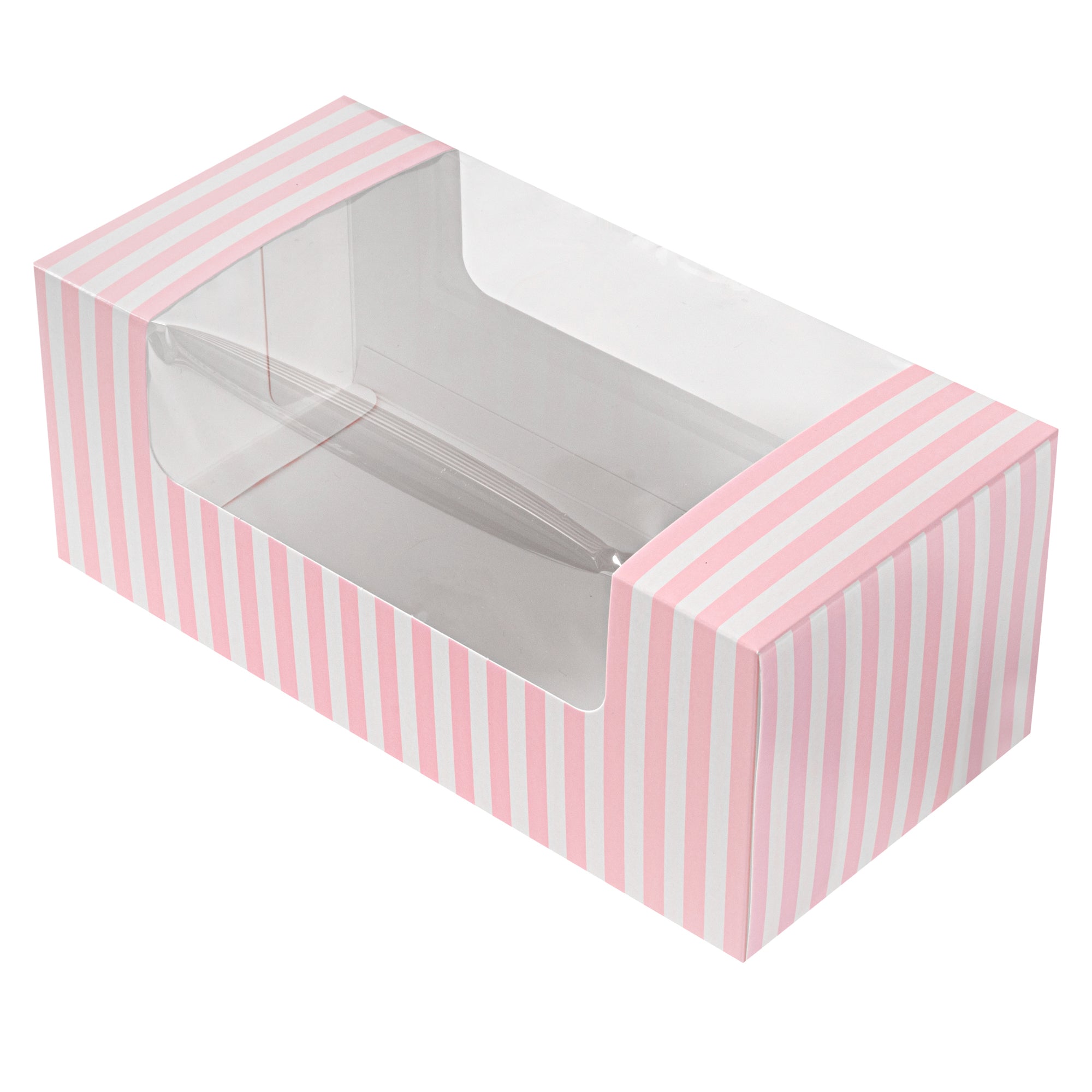 Pastry Tek Pink and White Stripe Paper Pastry / Cake Box - with Window - 9 3/4" x 4 3/4" x 4" - 100 count box