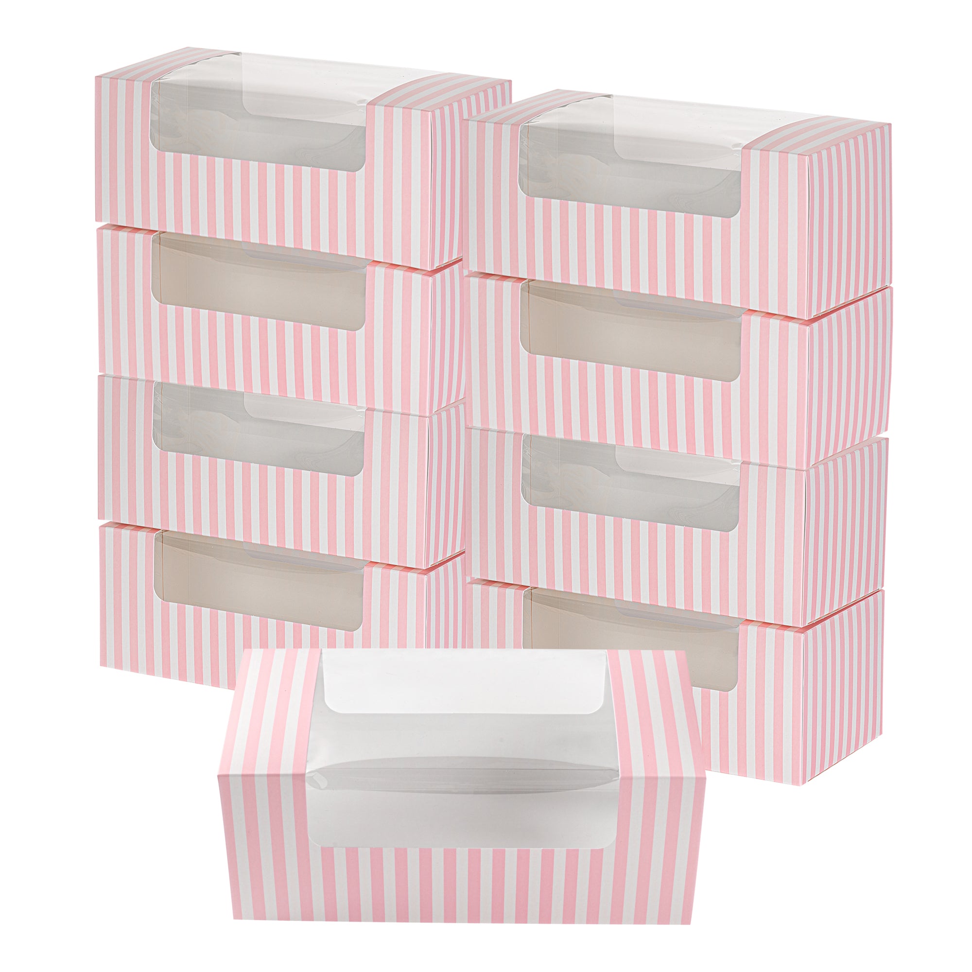 Pastry Tek Pink and White Stripe Paper Pastry / Cake Box - with Window - 9 3/4" x 4 3/4" x 4" - 100 count box