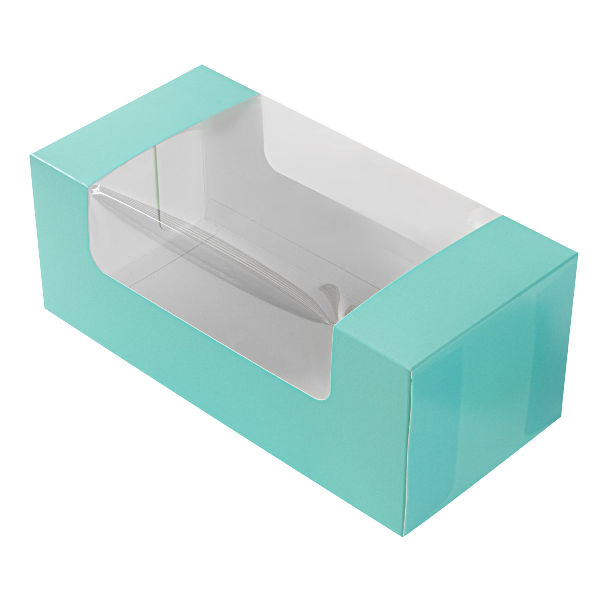 Pastry Tek Turquoise Paper Pastry / Cake Box - with Window - 9 3/4" x 4 3/4" x 4" - 100 count box