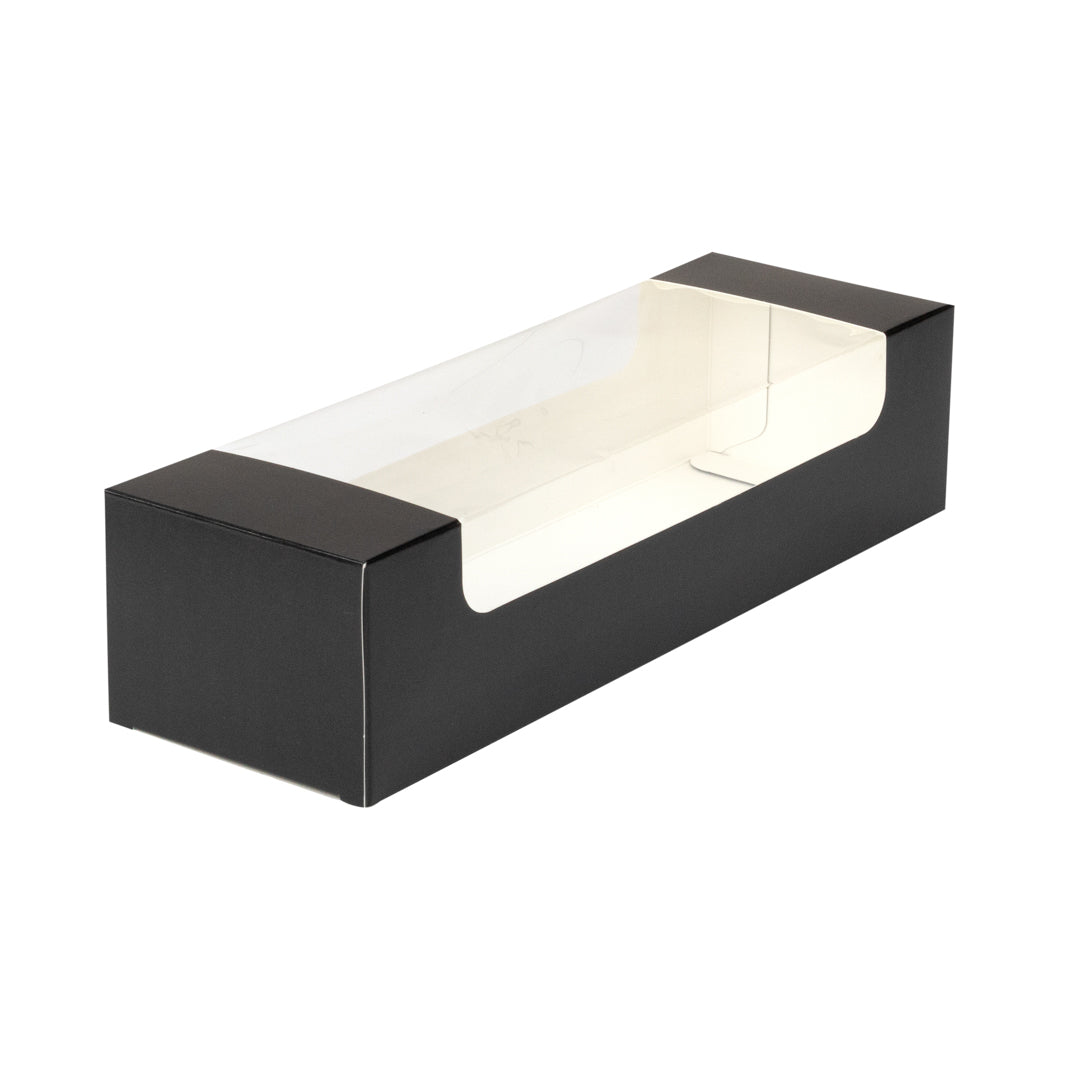 Pastry Tek Black Paper Pastry / Cake Box - with Window - 9 3/4" x 3 1/4" x 2 1/4" - 100 count box