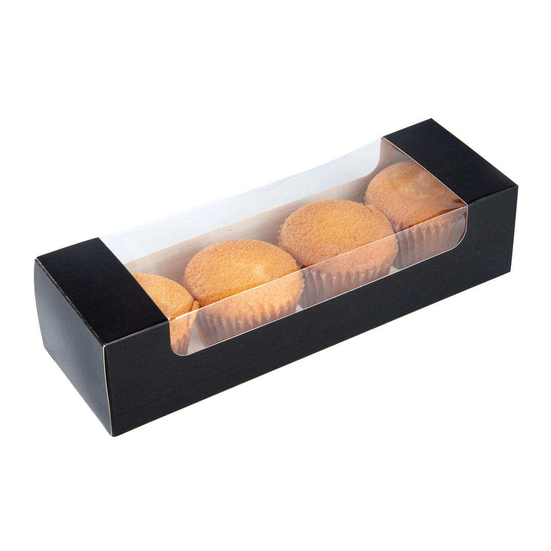 Pastry Tek Black Paper Pastry / Cake Box - with Window - 9 3/4" x 3 1/4" x 2 1/4" - 100 count box