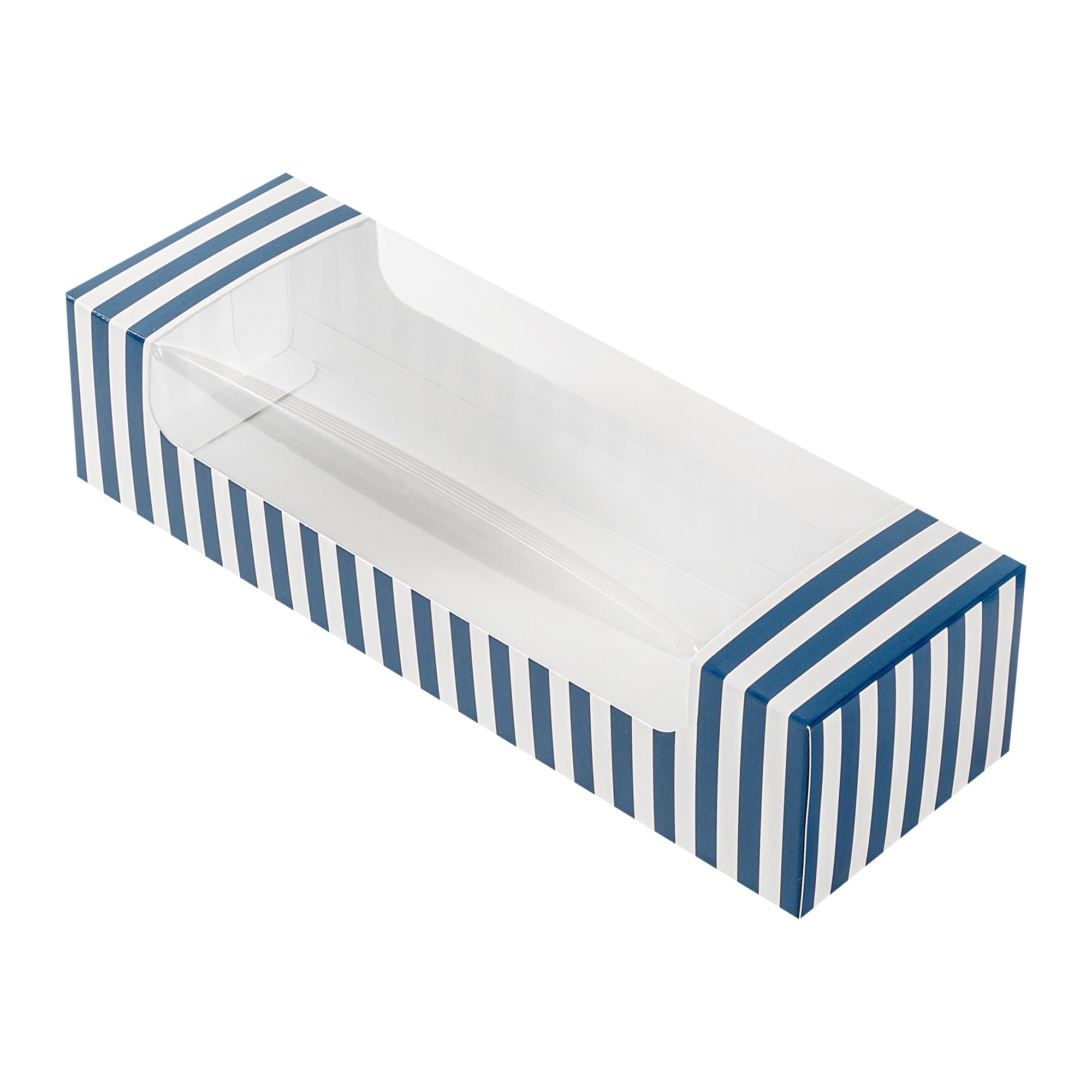 Pastry Tek Blue and White Stripe Paper Pastry / Cake Box - with Window - 9 3/4" x 3 1/4" x 2 1/4" - 100 count box