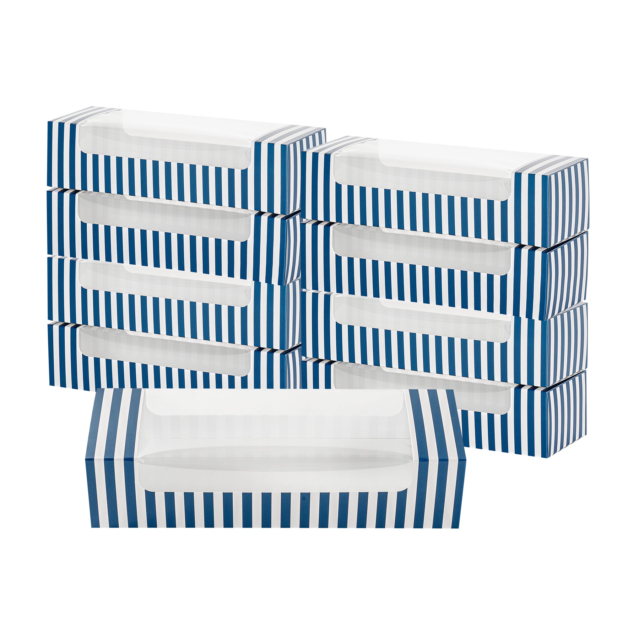 Pastry Tek Blue and White Stripe Paper Pastry / Cake Box - with Window - 9 3/4" x 3 1/4" x 2 1/4" - 100 count box