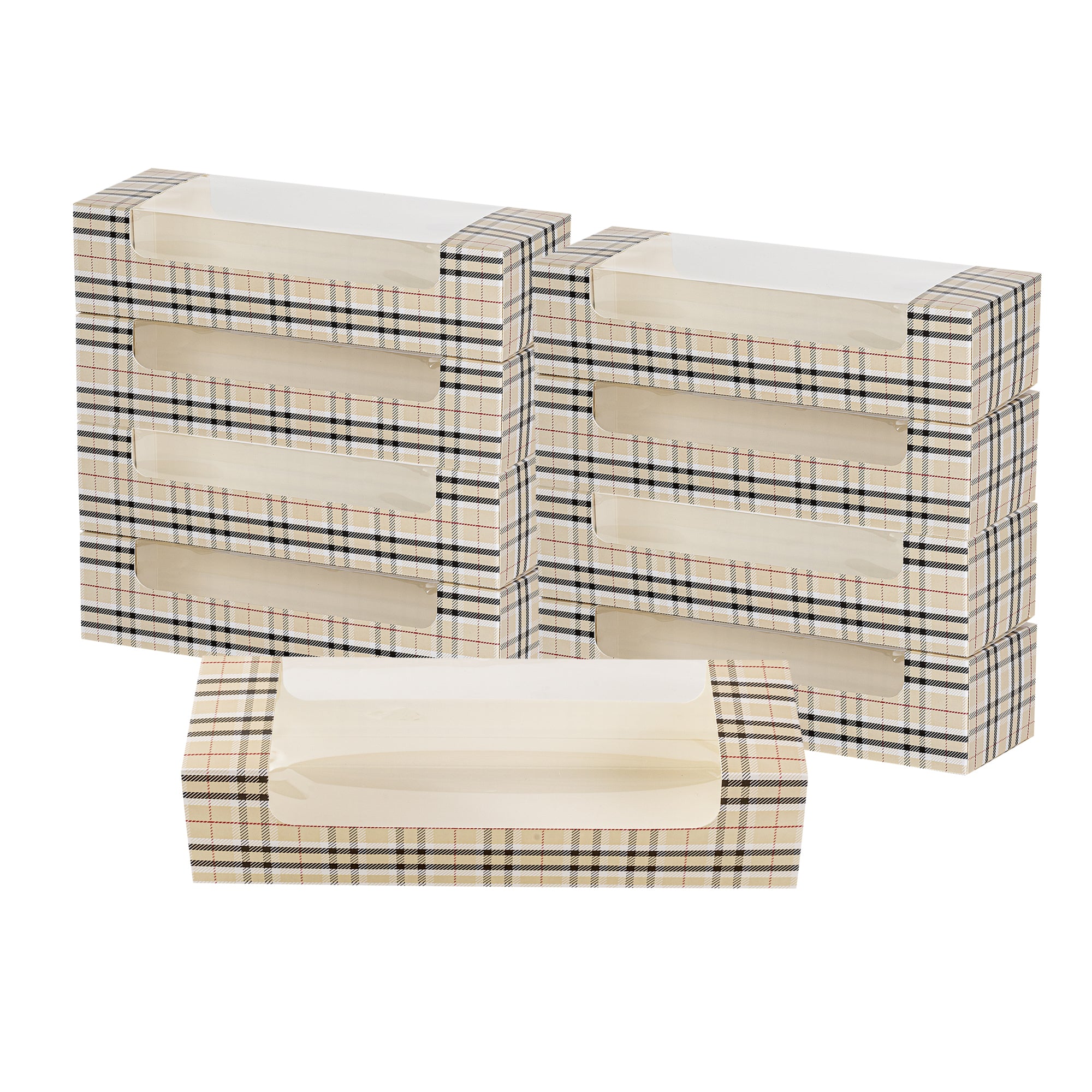 Pastry Tek Plaid Paper Pastry / Cake Box - with Window - 9 3/4" x 3 1/4" x 2 1/4" - 100 count box