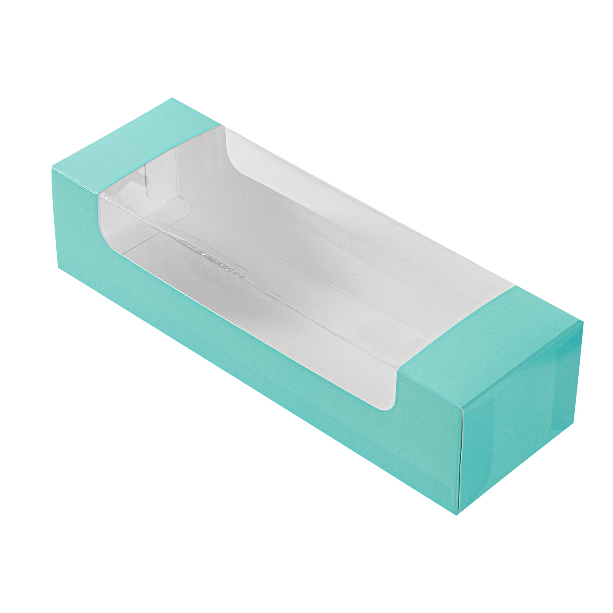 Pastry Tek Turquoise Paper Pastry / Cake Box - with Window - 9 3/4" x 3 1/4" x 2 1/4" - 100 count box