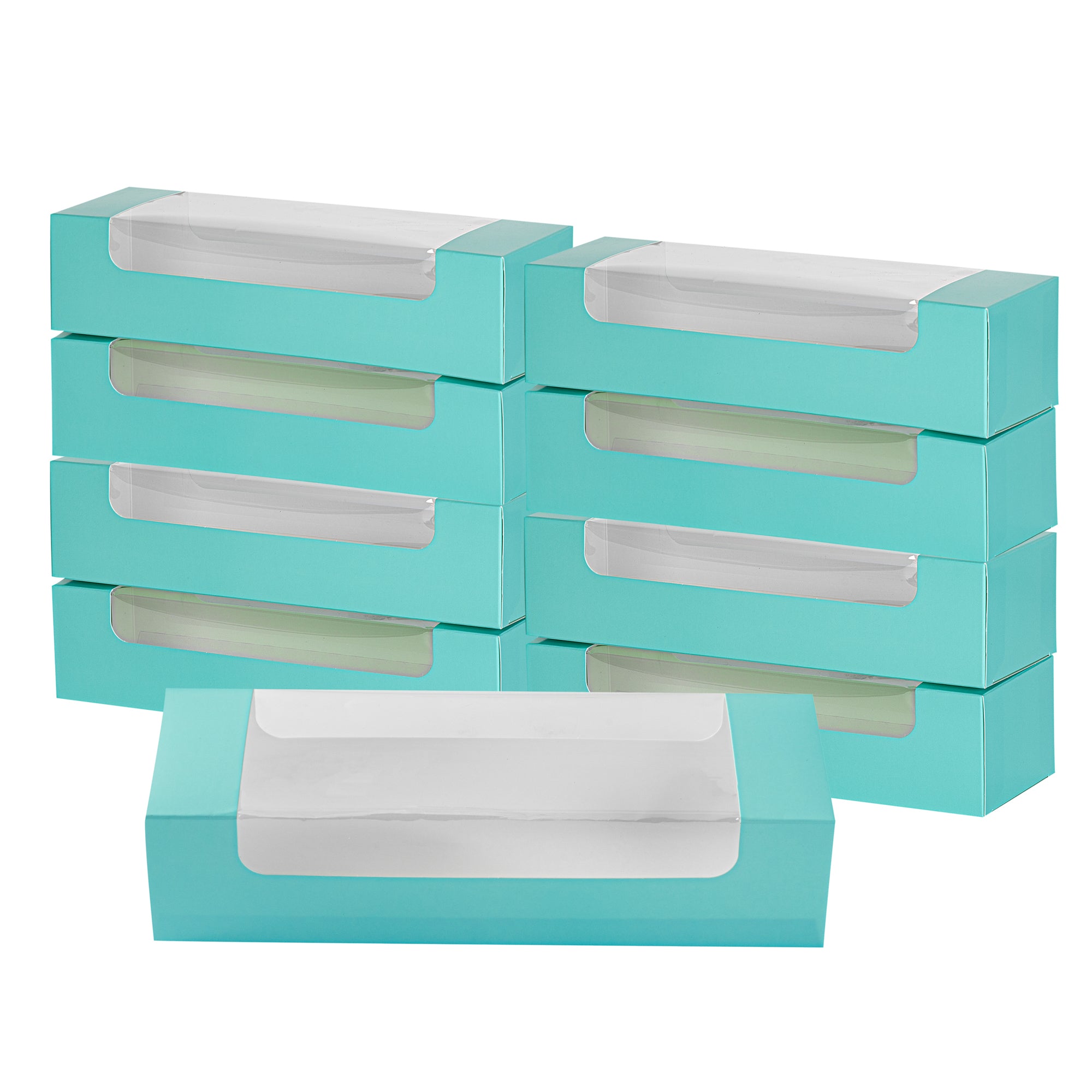 Pastry Tek Turquoise Paper Pastry / Cake Box - with Window - 9 3/4" x 3 1/4" x 2 1/4" - 100 count box