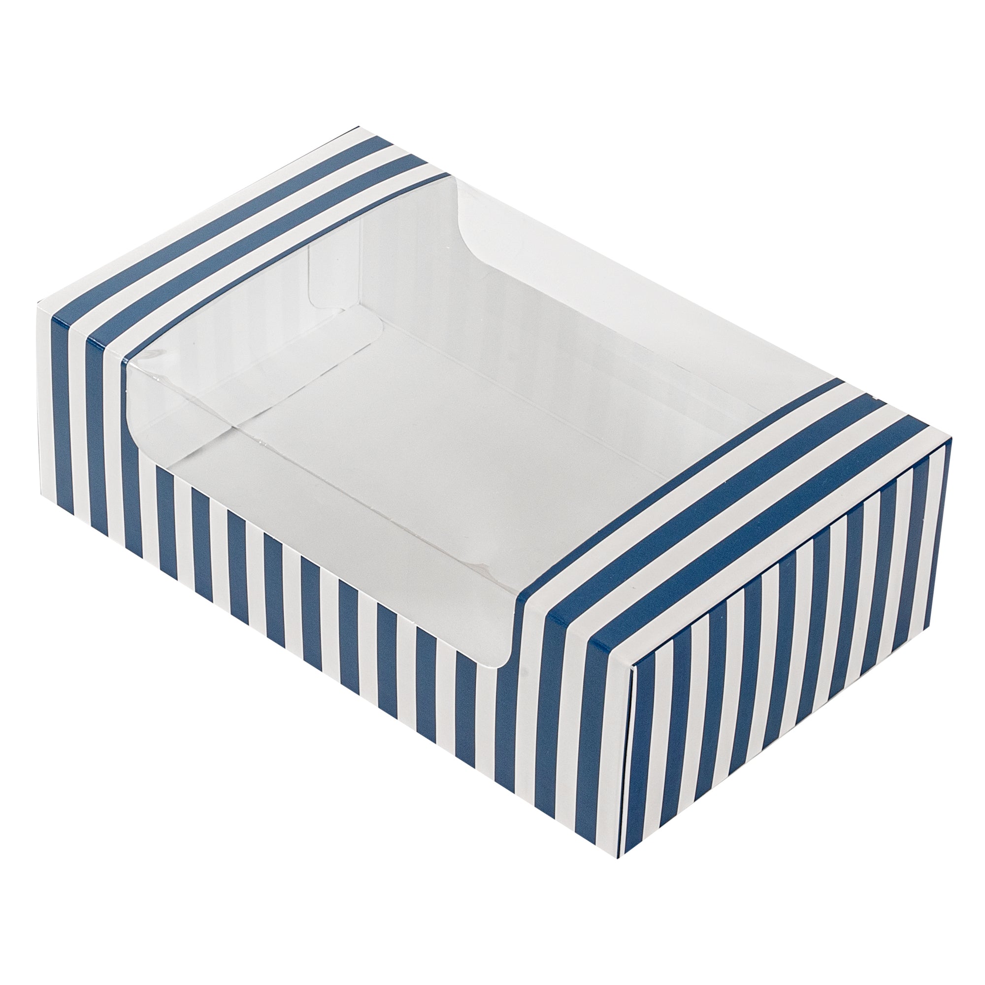 Pastry Tek Blue and White Stripe Paper Pastry / Cake Box - with Window - 7 3/4" x 4 3/4" x 2 1/4" - 100 count box