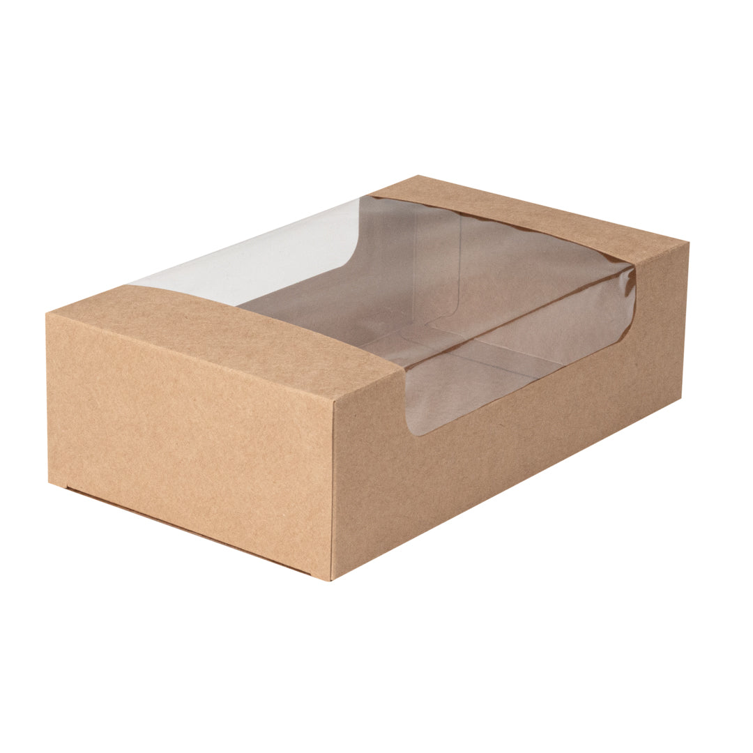 Pastry Tek Kraft Paper Pastry / Cake Box - with Window - 7 3/4" x 4 3/4" x 2 1/4" - 100 count box