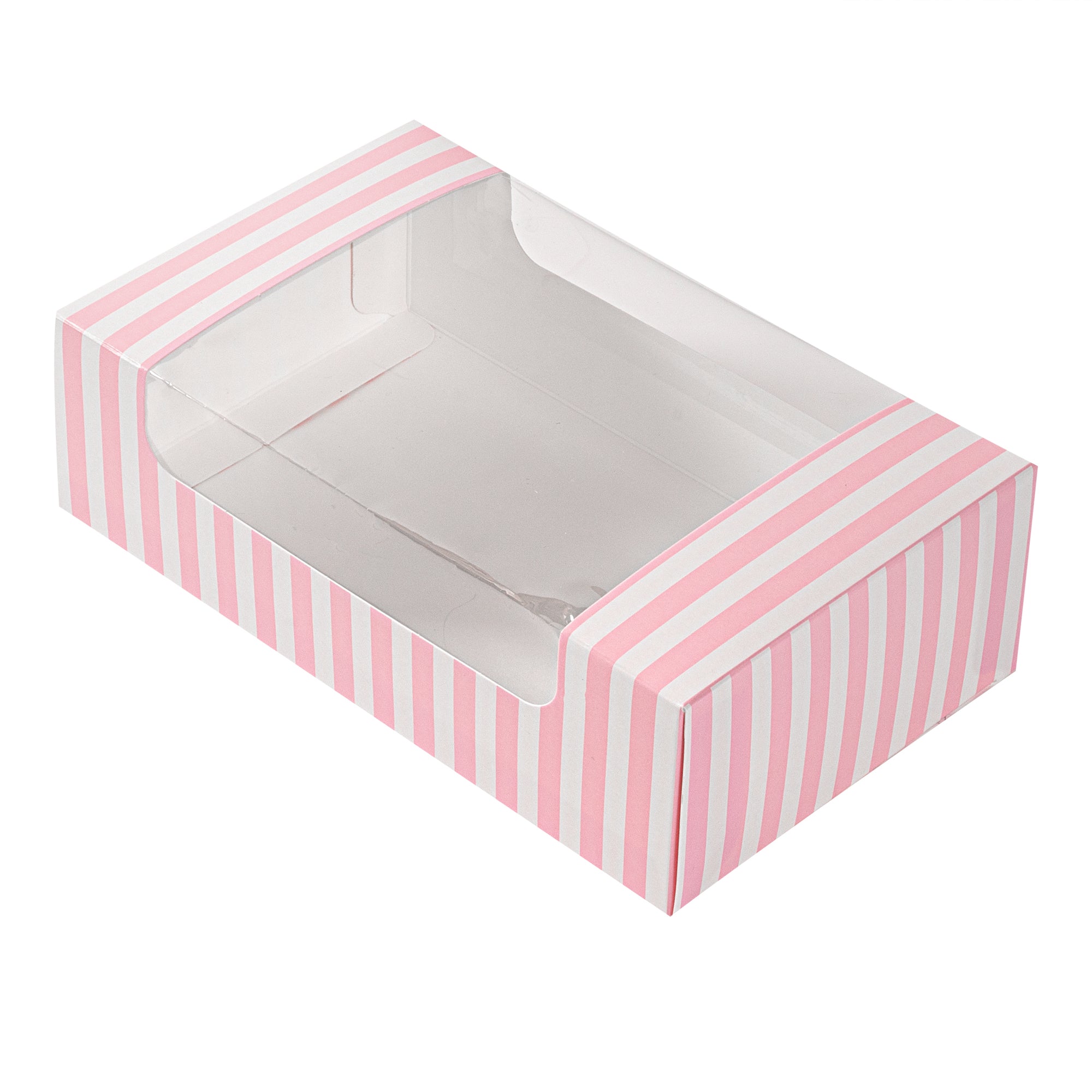 Pastry Tek Pink and White Stripe Paper Pastry / Cake Box - with Window - 7 3/4" x 4 3/4" x 2 1/4" - 100 count box