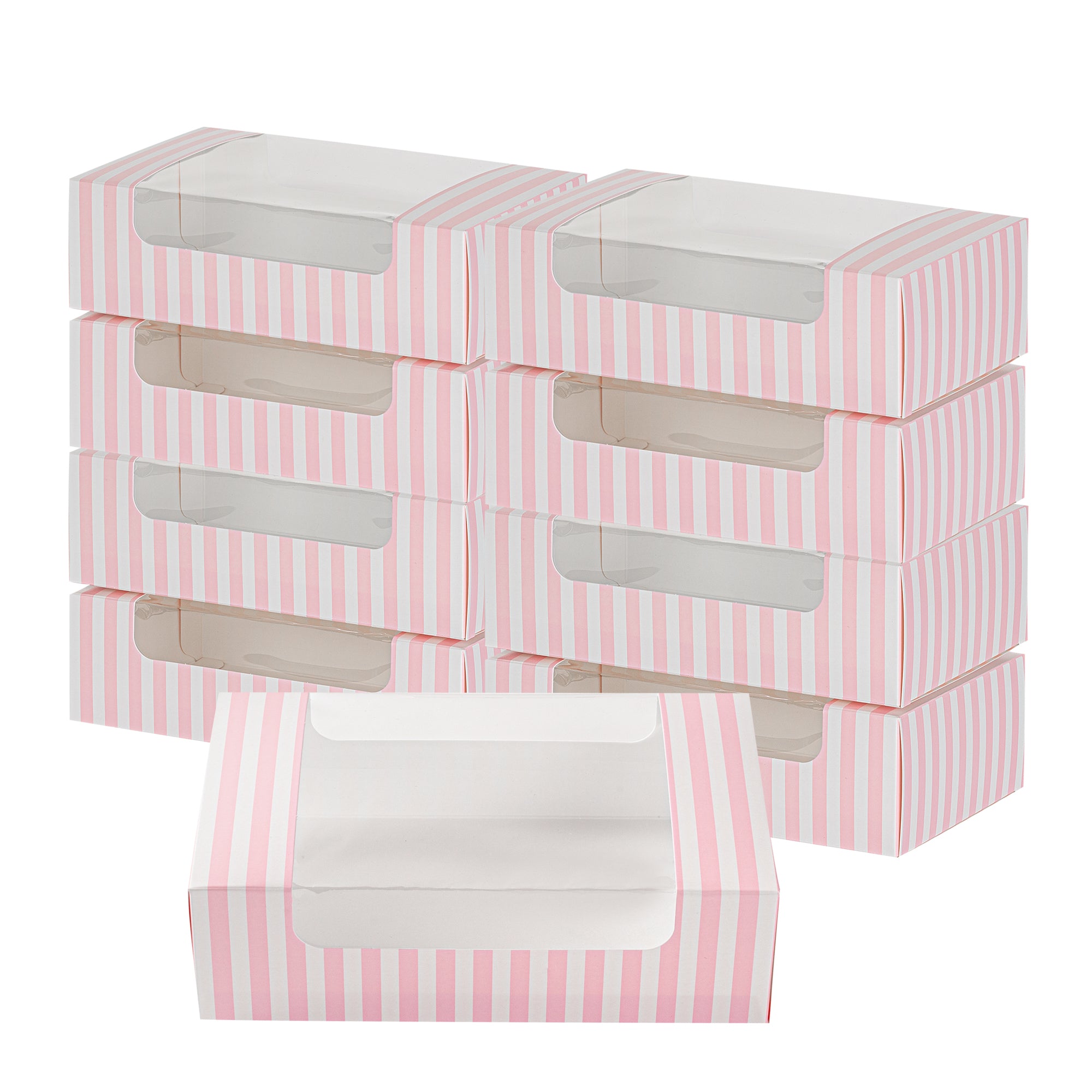 Pastry Tek Pink and White Stripe Paper Pastry / Cake Box - with Window - 7 3/4" x 4 3/4" x 2 1/4" - 100 count box