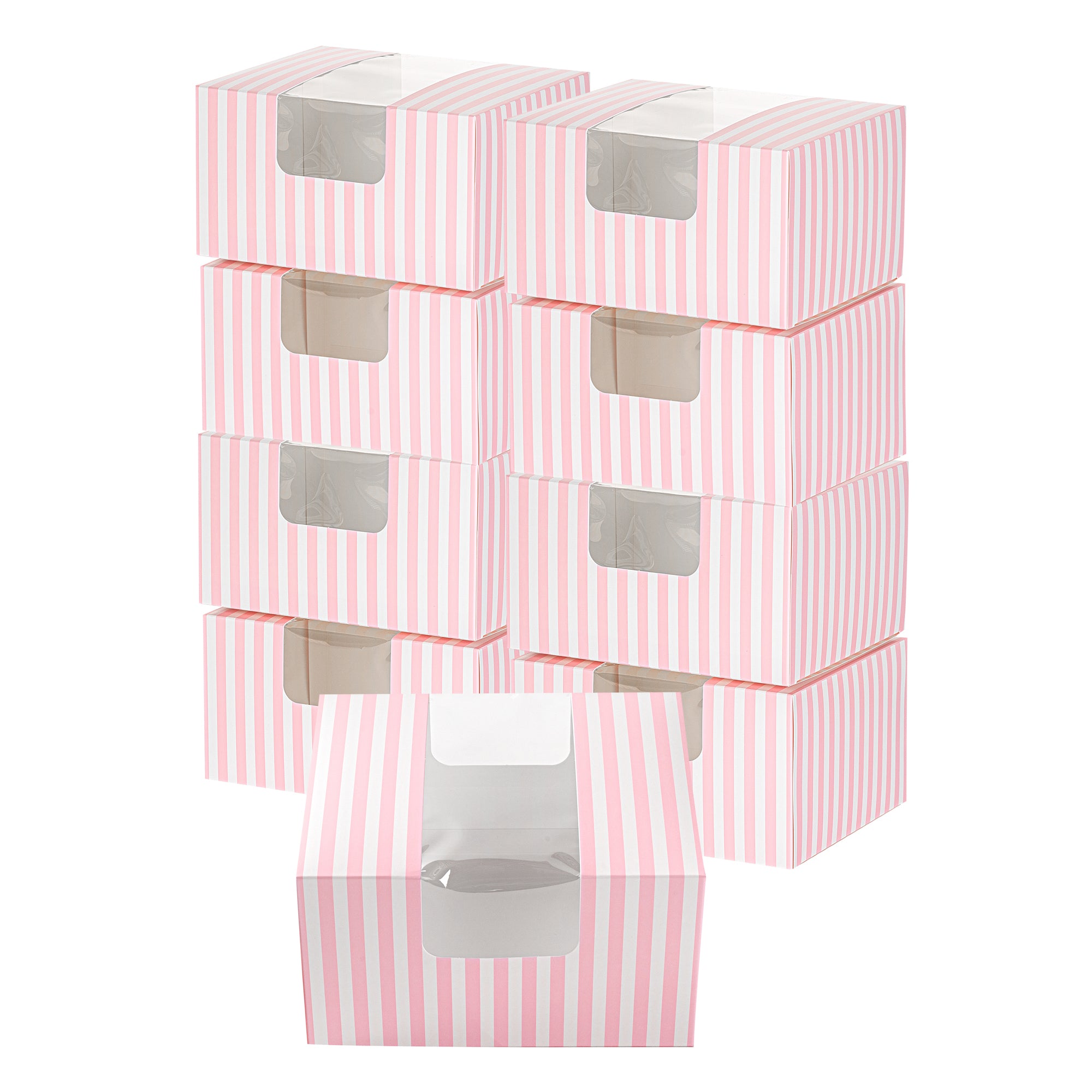 Pastry Tek Pink and White Stripe Paper Pastry / Cake Box - with Window - 7" x 6" x 4" - 100 count box