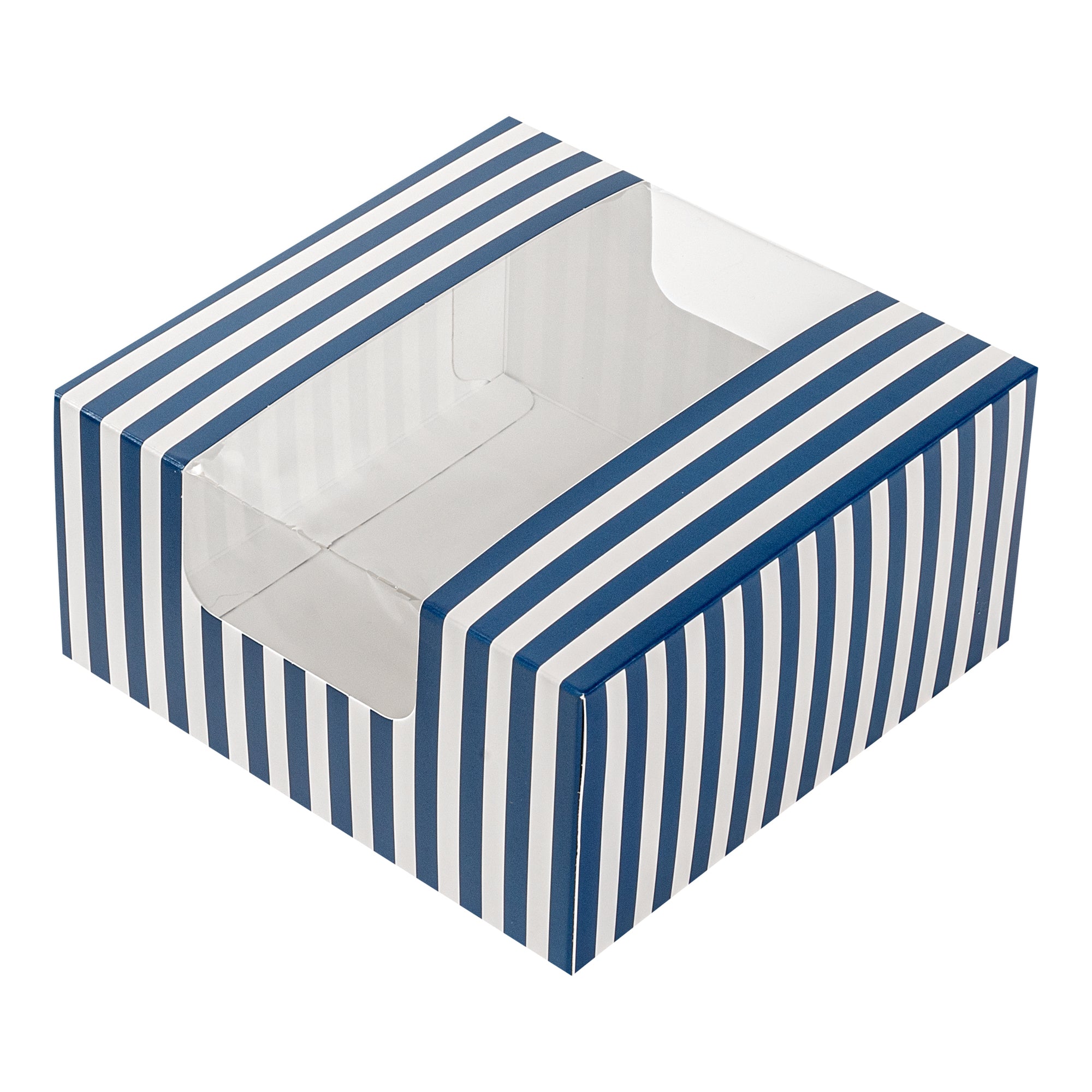 Pastry Tek Blue and White Stripe Paper Pastry / Cake Box - with Window - 6 1/4" x 6 1/4" x 3 1/4" - 100 count box