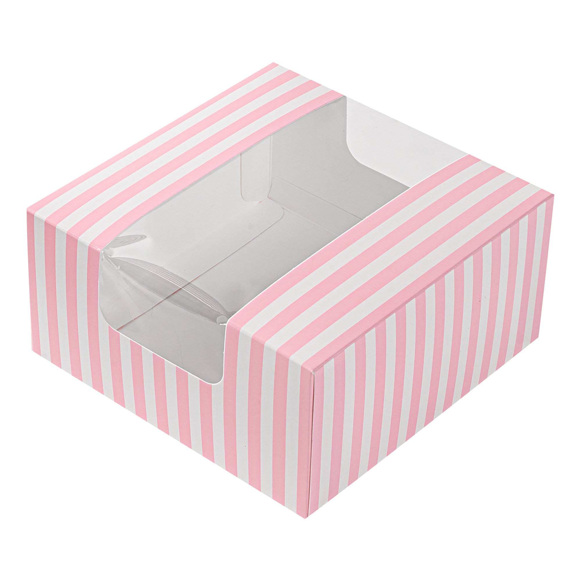 Pastry Tek Pink and White Stripe Paper Pastry / Cake Box - with Window - 6 1/4" x 6 1/4" x 3 1/4"- 100 count box