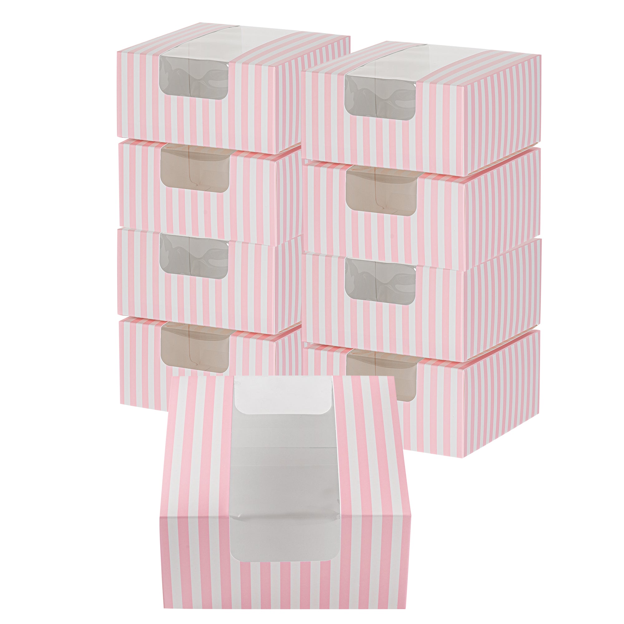 Pastry Tek Pink and White Stripe Paper Pastry / Cake Box - with Window - 6 1/4" x 6 1/4" x 3 1/4"- 100 count box