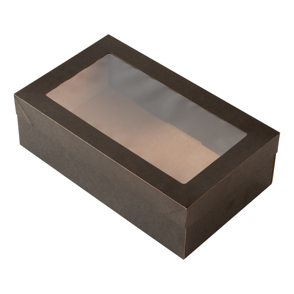 Cater Tek Rectangle Black Paper Catering Box - with Window Lid - 10 1/4" x 6" x 3 1/4" - 100 count box