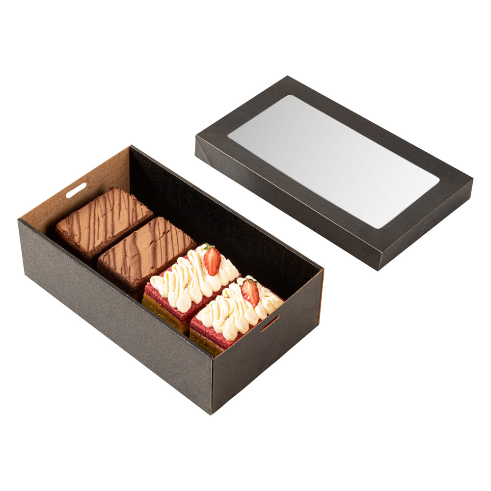 Cater Tek Rectangle Black Paper Catering Box - with Window Lid - 10 1/4" x 6" x 3 1/4" - 100 count box