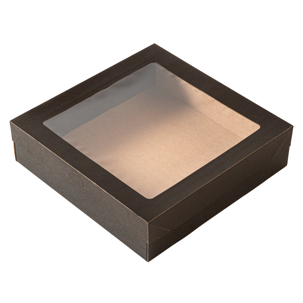 Cater Tek Square Black Paper Catering Box - with Window Lid - 9" x 9" x 2 1/4" - 100 count box