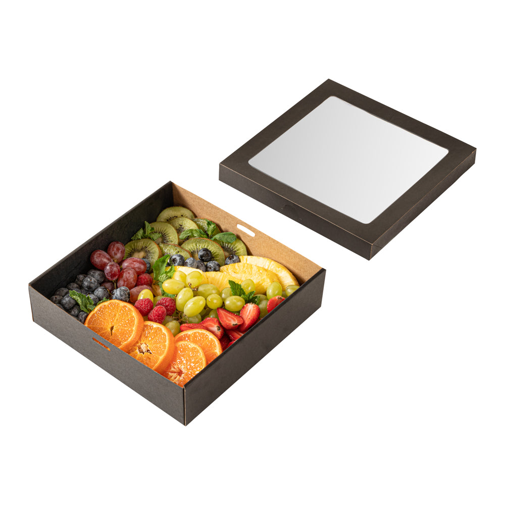 Cater Tek Square Black Paper Catering Box - with Window Lid - 9" x 9" x 2 1/4" - 100 count box