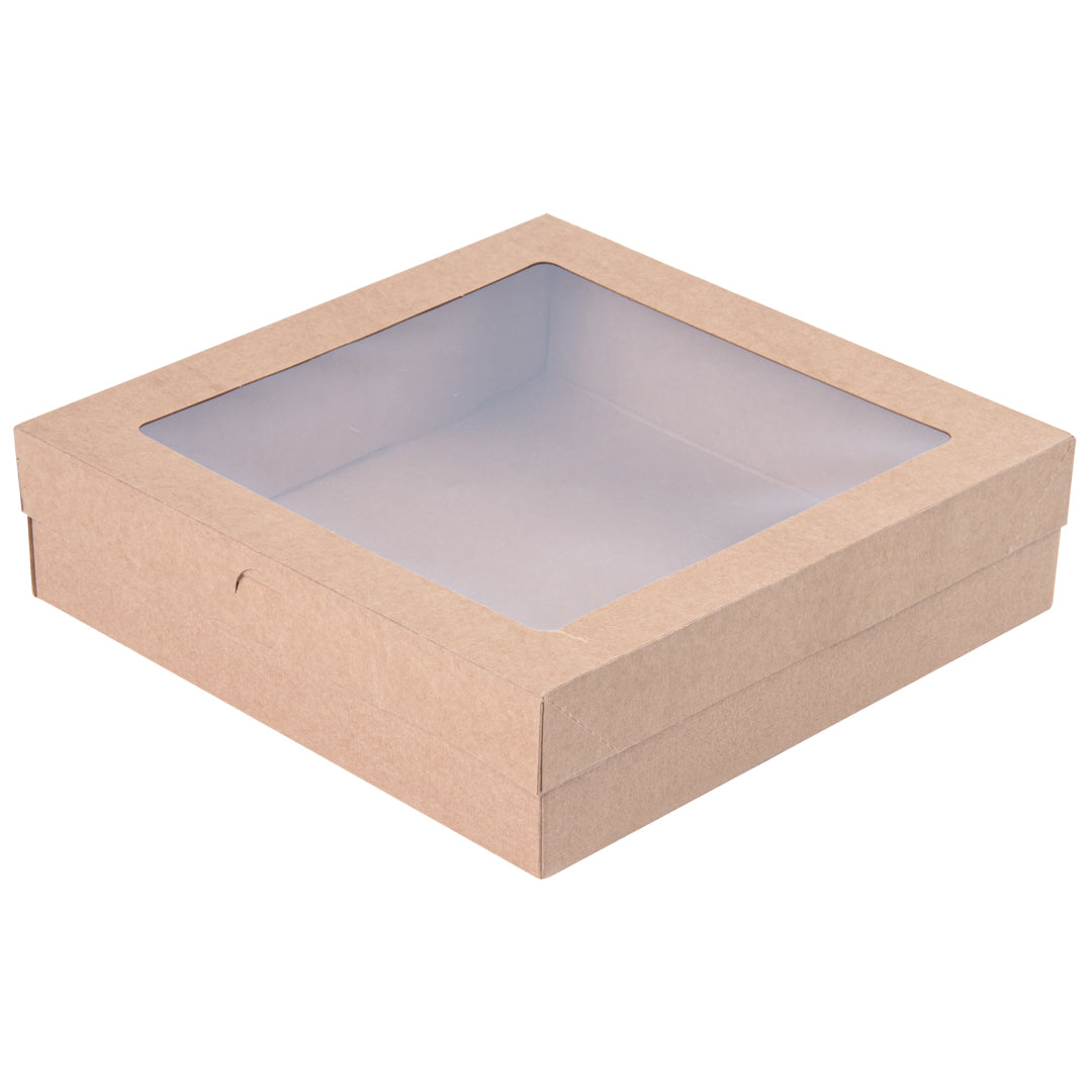 Cater Tek Square Kraft Paper Catering Box - with Window Lid - 9" x 9" x 2 1/4" - 100 count box