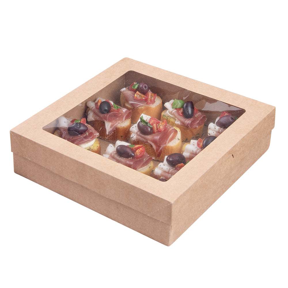 Cater Tek Square Kraft Paper Catering Box - with Window Lid - 9" x 9" x 2 1/4" - 100 count box