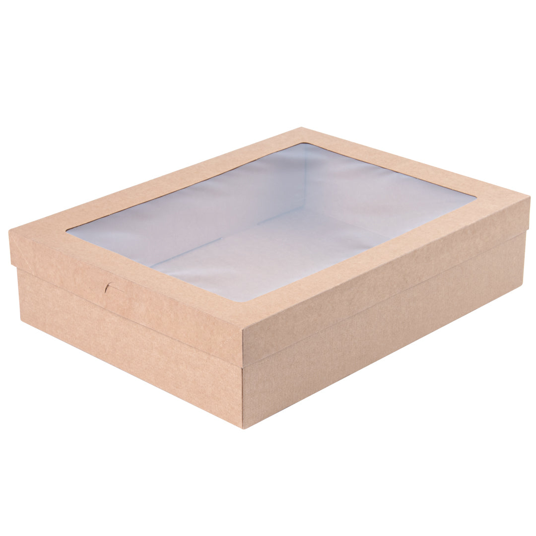 Cater Tek Rectangle Kraft Paper Catering Box - with Window Lid - 14 1/4" x 10" x 3 1/4" - 100 count box