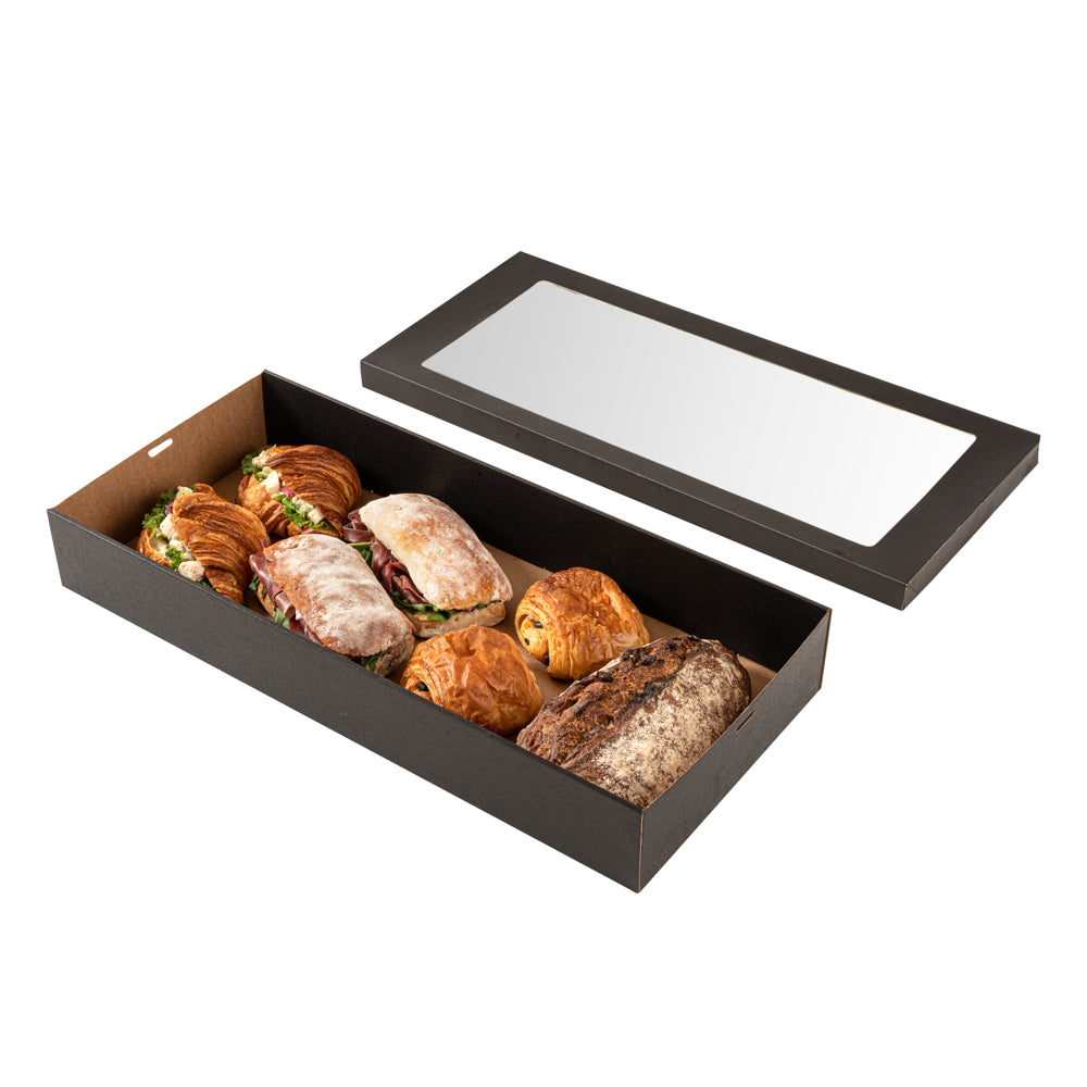 Cater Tek Rectangle Black Paper Catering Box - with Window Lid - 22 1/4" x 10" x 3 1/4" - 100 count box