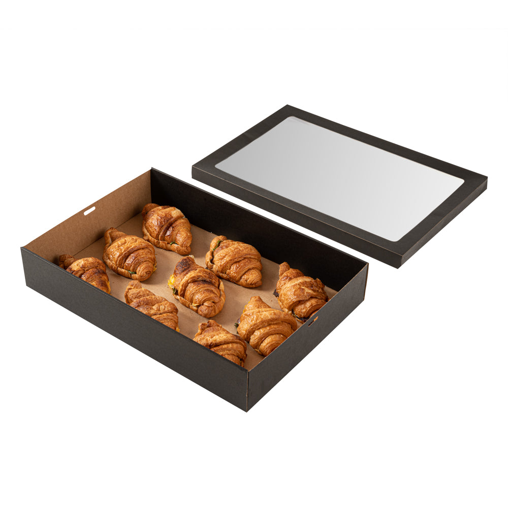 Cater Tek Rectangle Black Paper Catering Box - with Window Lid - 18" x 12 1/4" x 3 1/4" - 100 count box