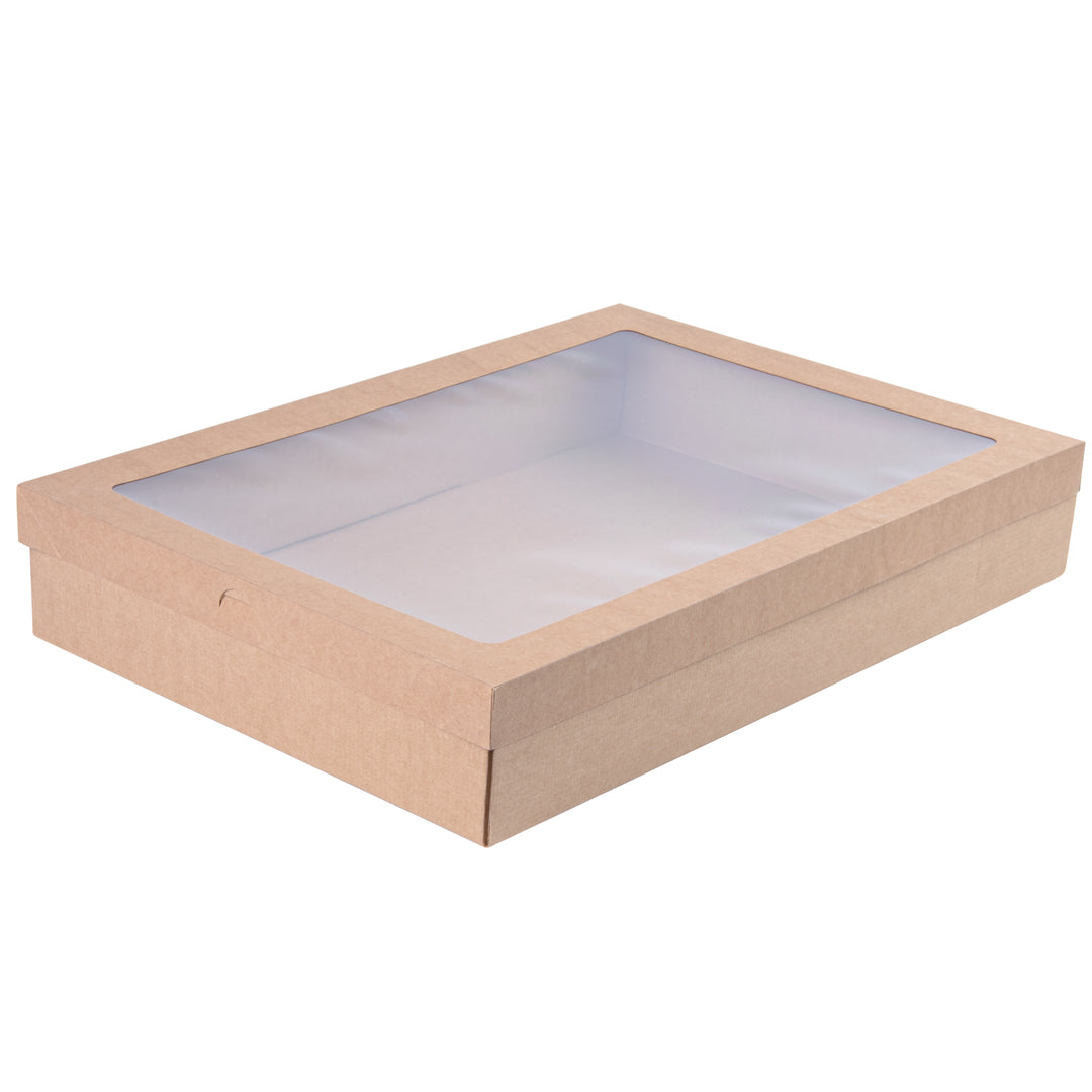 Cater Tek Rectangle Kraft Paper Catering Box - with Window Lid - 18" x 12 1/4" x 3 1/4" - 100 count box