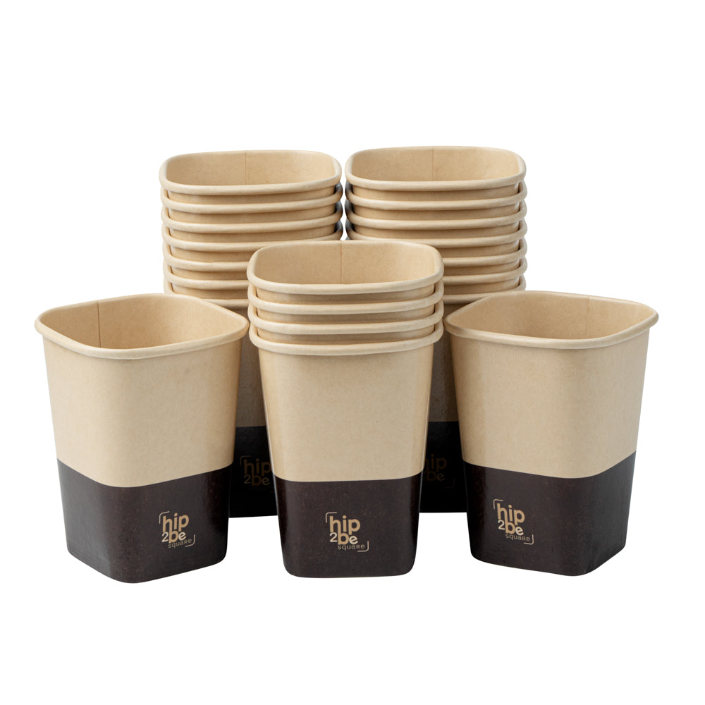 Hip 2 Be Square 12 oz Kraft and Brown Paper Hot / Cold Drinking Cup - Single Wall - 3 1/4" x 3 1/4" x 4 1/4" - 500 count box