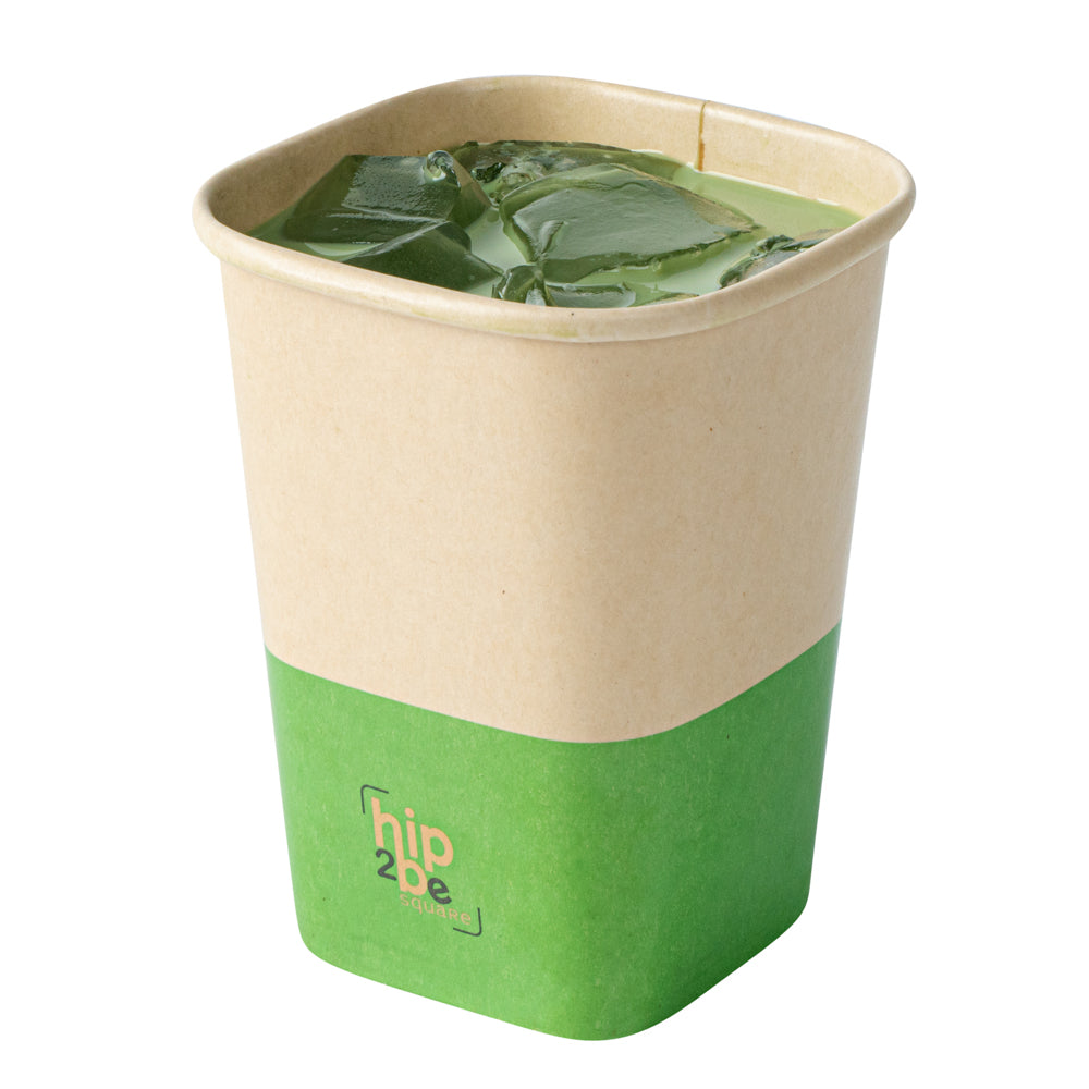 Hip 2 Be Square 12 oz Kraft and Green Paper Hot / Cold Drinking Cup - Single Wall - 3 1/4" x 3 1/4" x 4 1/4" - 500 count box