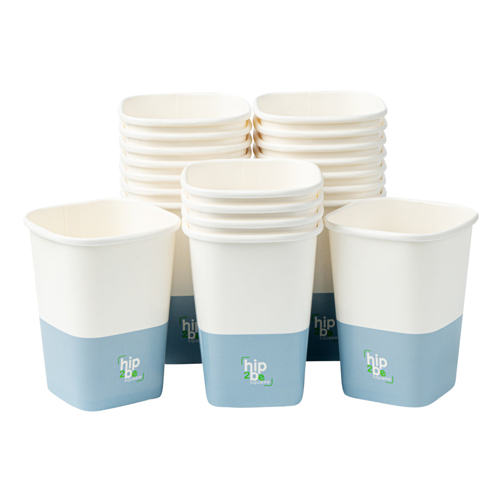 Hip 2 Be Square 12 oz White and Blue Paper Hot / Cold Drinking Cup - Single Wall - 3 1/4" x 3 1/4" x 4 1/4" - 500 count box