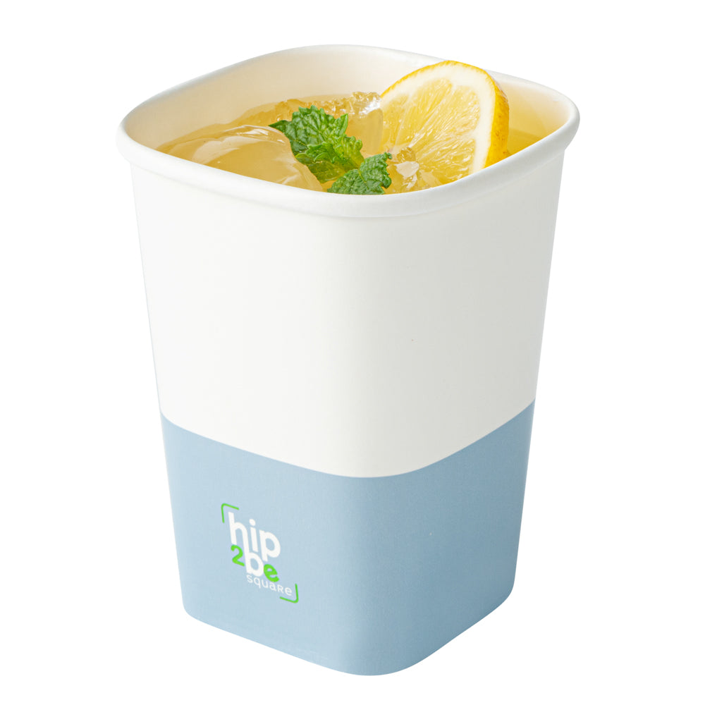 Hip 2 Be Square 12 oz White and Blue Paper Hot / Cold Drinking Cup - Single Wall - 3 1/4" x 3 1/4" x 4 1/4" - 500 count box